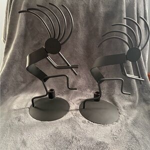 Pair Dancing Kokopelli Flute Dancing Black Metal Candle Sticks Holder Southwest.